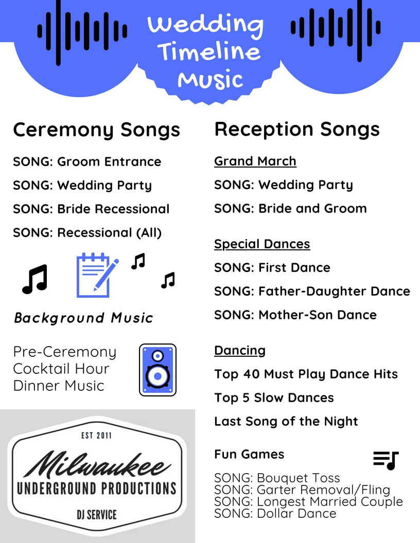 Wedding Timeline and Music Needed for your Wedding Ceremony and Wedding Reception provided by Milwaukee Underground Productions DJ Service in Milwaukee