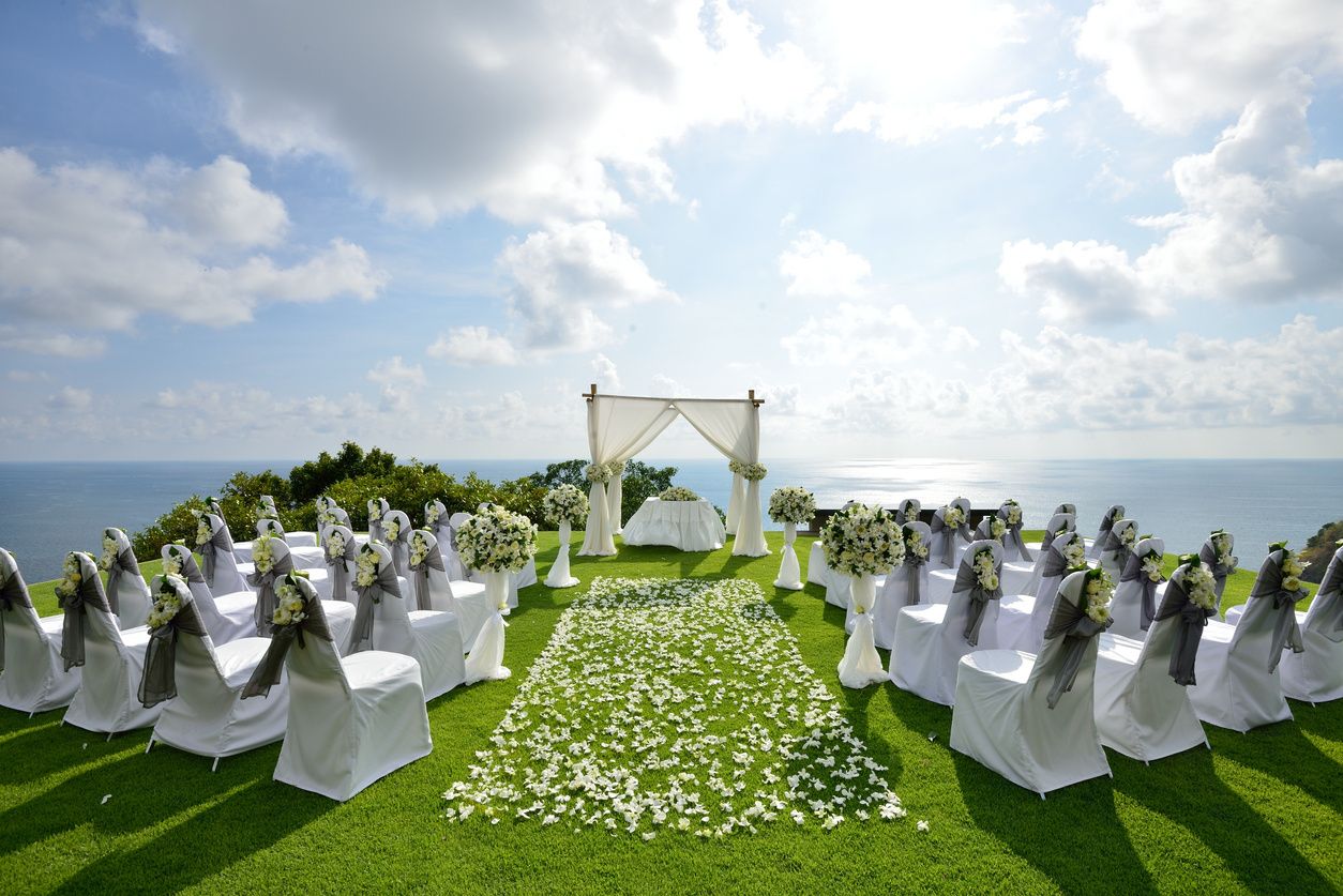Outdoor wedding ceremony, dj services provide music and microphones, as well as coordinate timing