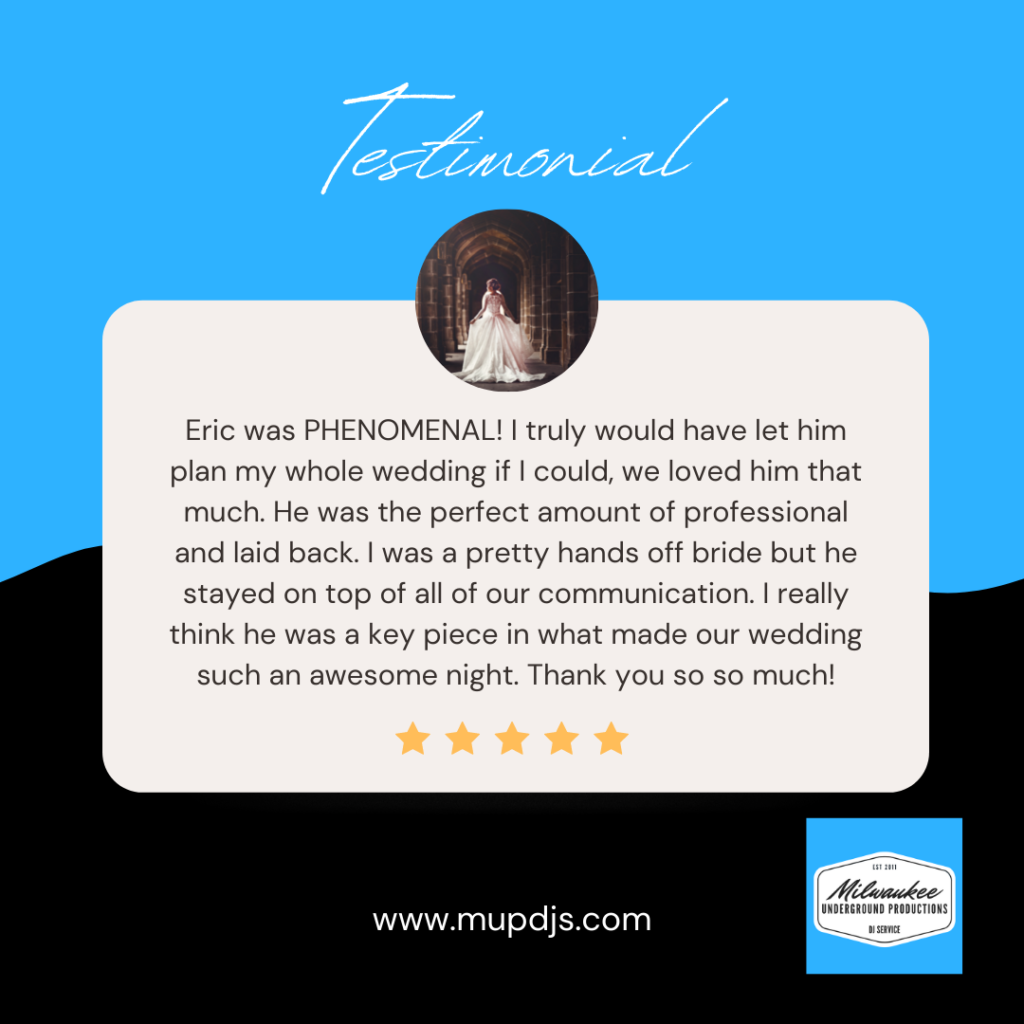 3 Great Wedding DJ Reviews from Milwaukee Underground Productions - Best Wedding DJ Award Winner 3rd Review of a Milwaukee DJ
