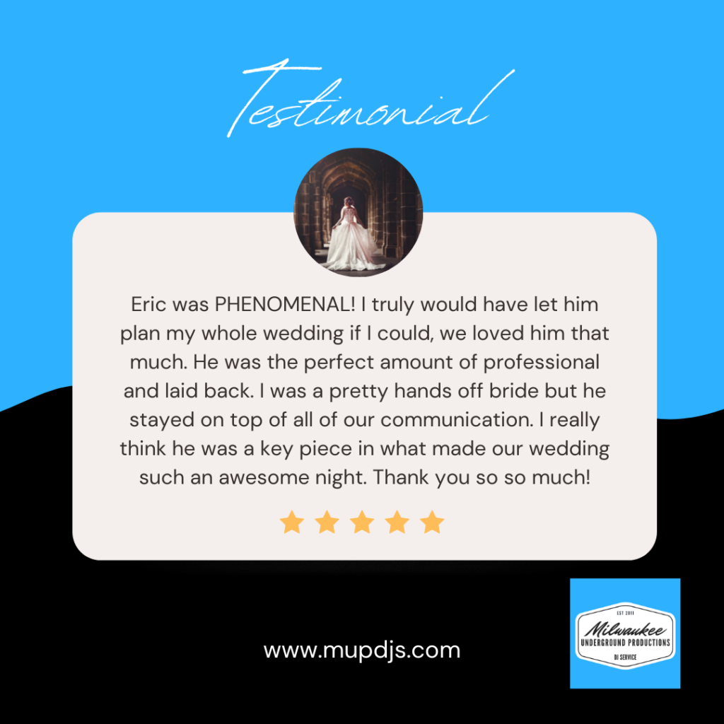 Great Wedding DJ Reviews from Milwaukee Underground Productions - Best Wedding DJ Award Winner 3rd Review of a Milwaukee DJ