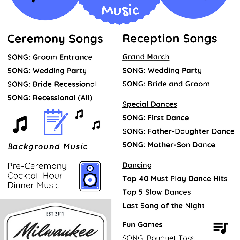 Wedding Timeline and Music Needed for your Wedding Ceremony and Wedding Reception provided by Milwaukee Underground Productions DJ Service in Milwaukee