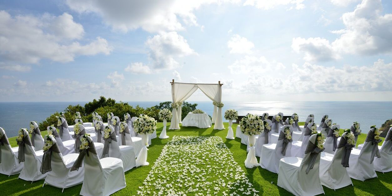 Outdoor wedding ceremony, dj services provide music and microphones, as well as coordinate timing